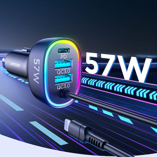 Joyroom JR-CL20 Φορτιστής Αυτοκινήτου 57W με Θύρες: 1xUSB 2xType-C μαζί με Καλώδιο Lightning Μαύρο Χρώμα