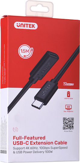 Unitek USB 3.2 Video Cable USB-C Male - USB-C Female 100W PD Black 1.5m C14086BK-1.5M