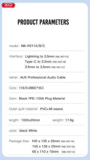XO NBR211A Braided la Cablu Lightning Alb 1m (16.005.0195)