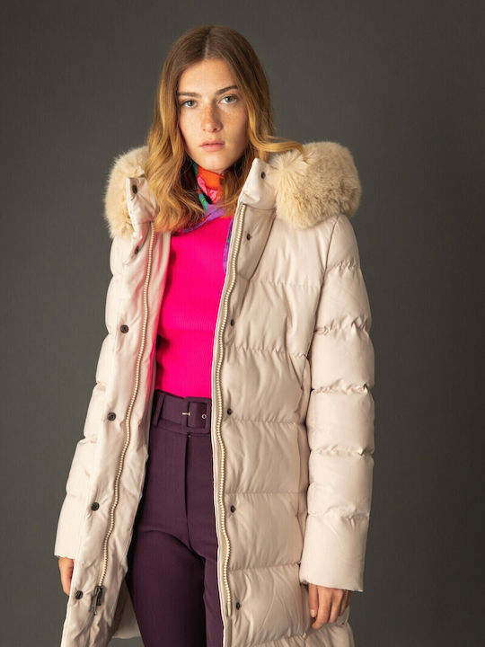 Women's Long Puffer Jacket for Winter with Detachable Hood Beige