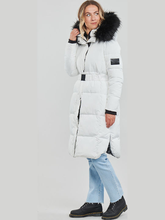 Noruega Lang Damen Puffer Jacke mit pelziger Kapuze für Winter Weiß