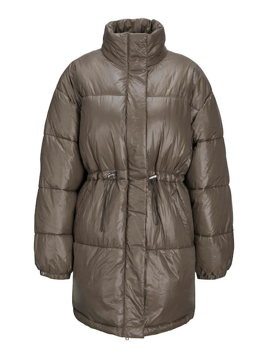 Women's Short Puffer Jacket for Winter Khaki