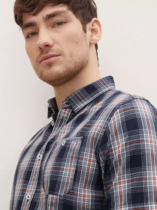Short Sleeve Cotton Shirt in Regular Fit Checked Blue