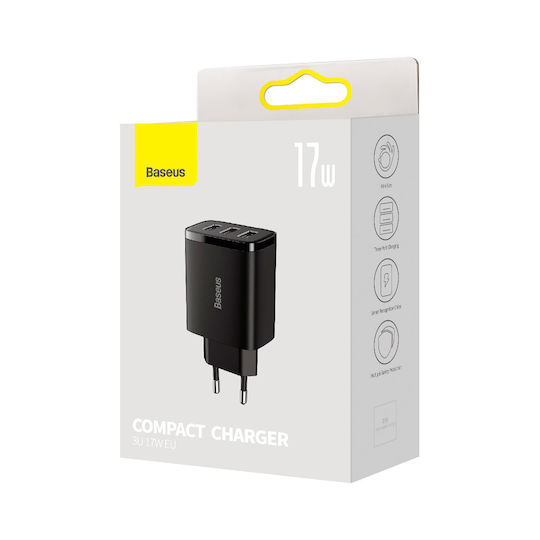 Baseus Φορτιστής Χωρίς Καλώδιο με 3 Θύρες USB-A 17W Μαύρος (Compact)