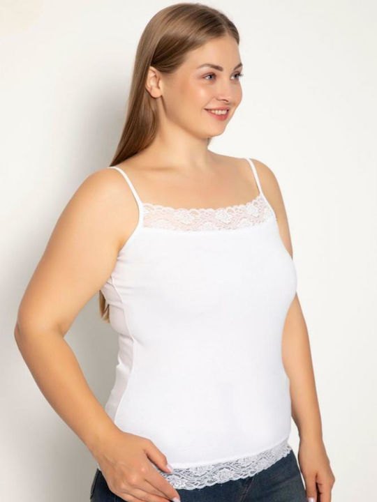 Plus Size Βαμβακερό Λευκό Γυναικείο Φανελάκι με Τιράντα