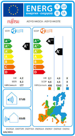 Fujitsu Serie KG ASYG Klimaanlage Inverter 14000 BTU A++/A+ mit Ionendämpfungsfilter