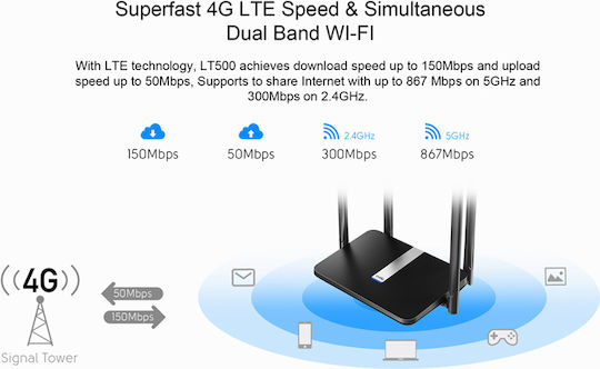 Cudy LT500 v2 Ασύρματο 4G Router Wi‑Fi 5 με 4 Θύρες
