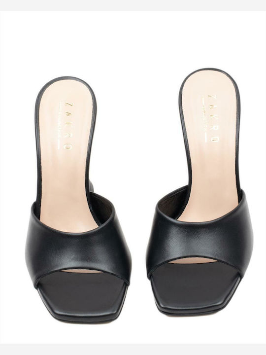 Leather Mules with Thin High Heel in Black Color