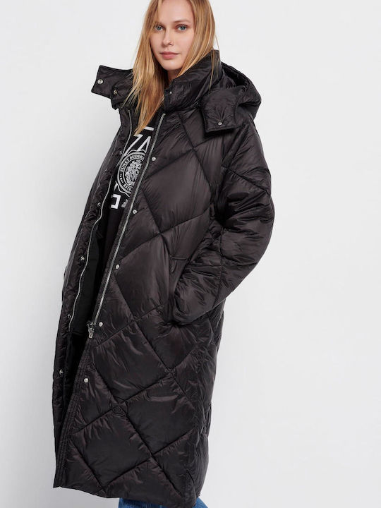 Lang Damen Puffer Jacke für Winter Schwarz