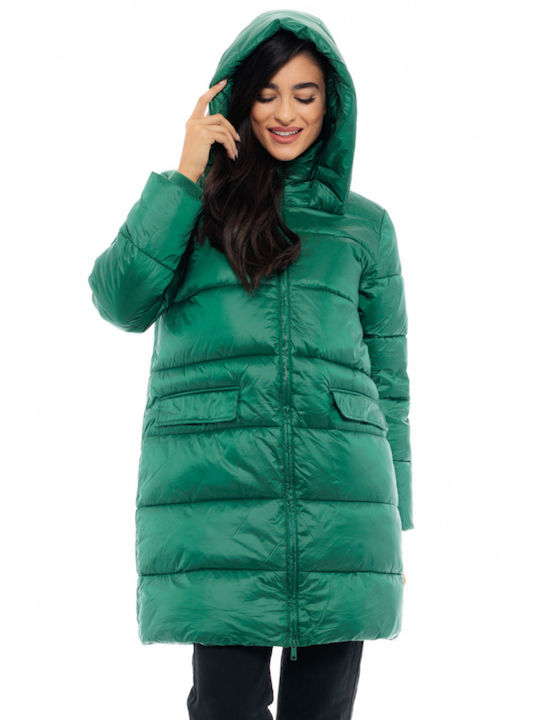 Biston Women's Long Puffer Jacket for Winter with Hood Green