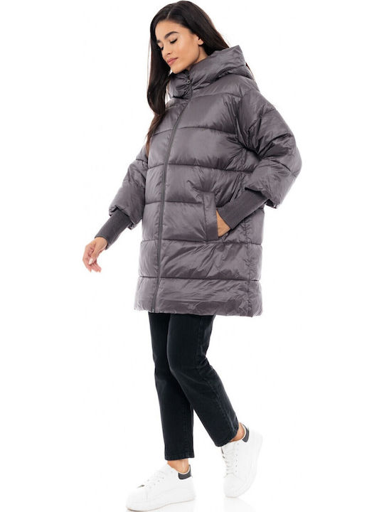 Women's Long Puffer Jacket for Winter with Hood Gray