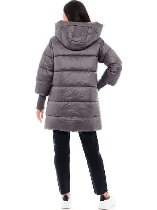 Women's Long Puffer Jacket for Winter with Hood Gray
