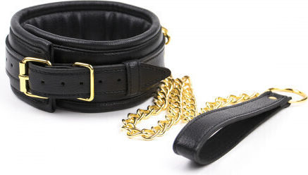 Naughty Toys Collar Leather Neck Collar with Detachable Gold Chain Strap Black
