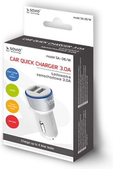 Savio Car Charger 3A Fast Charging with Ports 2xUSB White Color
