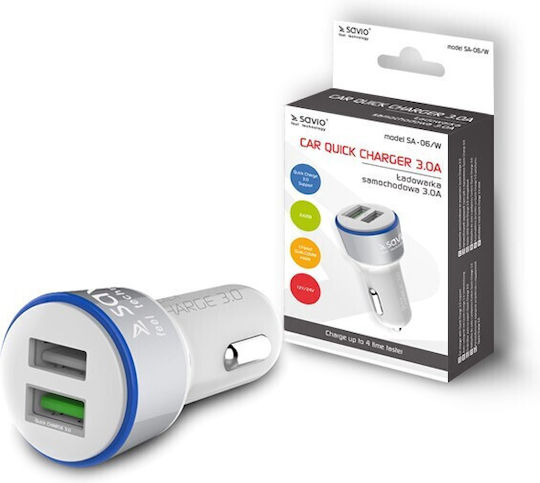 Savio Car Charger 3A Fast Charging with Ports 2xUSB White Color