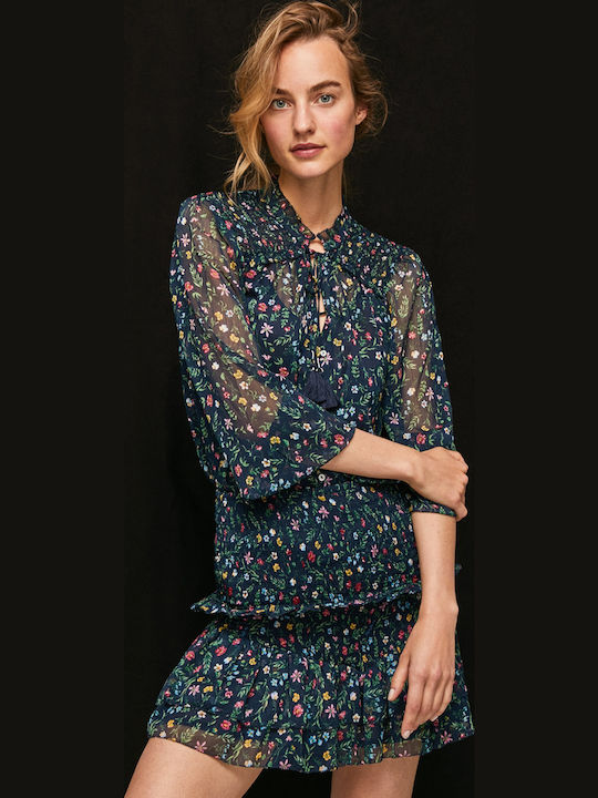 Gulsen Summer Tunic Long Sleeve Floral Navy Blue