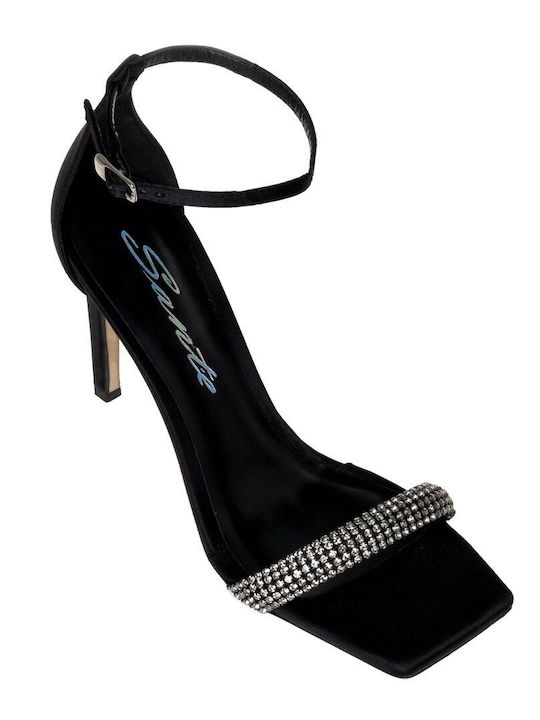 Sante Leather Women's Sandals with Strass & Ankle Strap Black with Thin High Heel