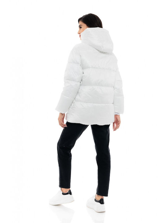 Biston Women's Long Puffer Jacket for Winter with Hood White