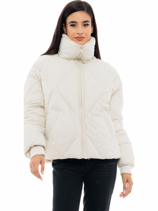 Short Women's Puffer Jacket for Winter Ecru