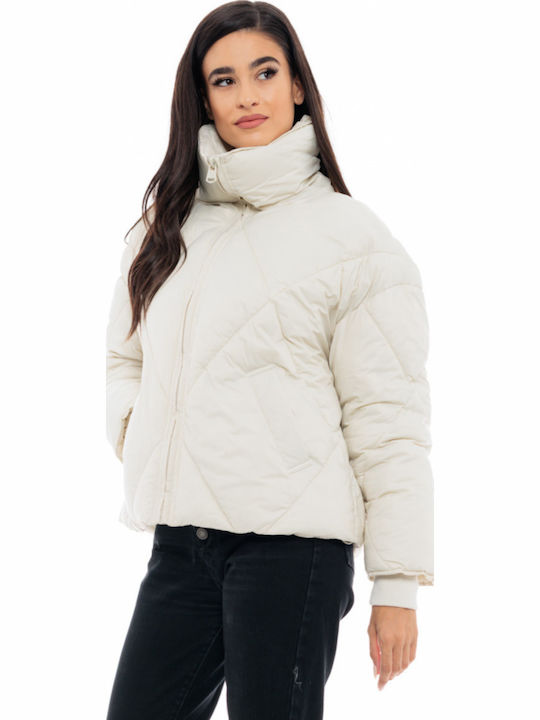 Short Women's Puffer Jacket for Winter Ecru