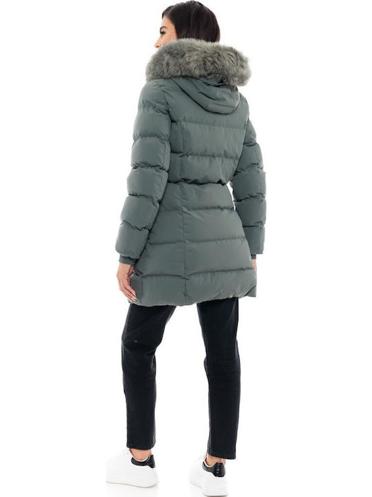 Women's Long Puffer Jacket for Winter with Detachable Hood Green