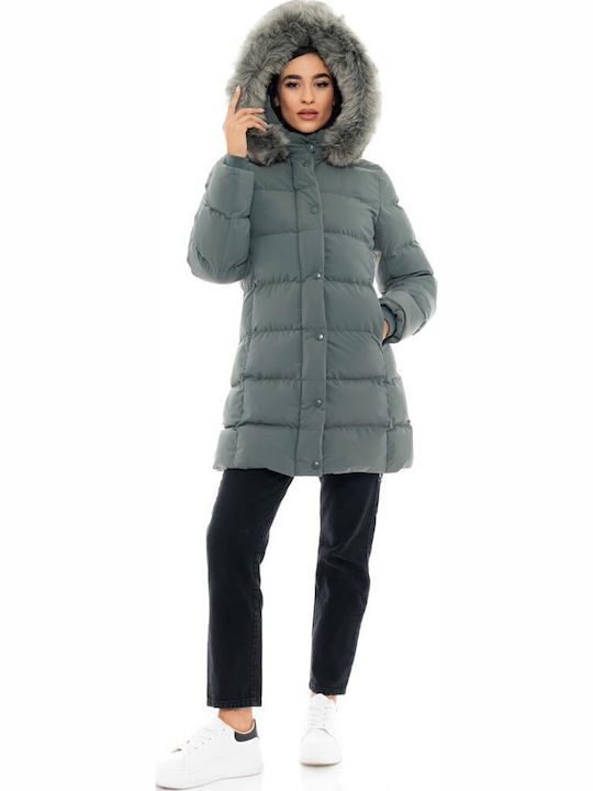 Women's Long Puffer Jacket for Winter with Detachable Hood Green