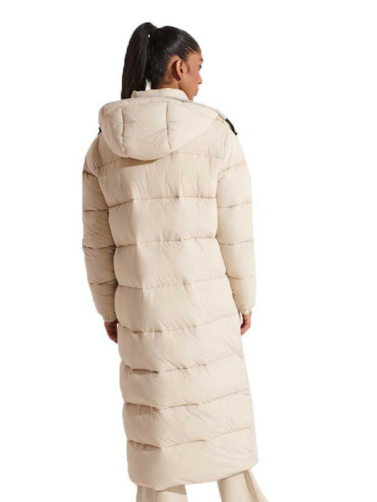 Superdry Touchline Women's Long Puffer Jacket for Winter with Hood Ecru