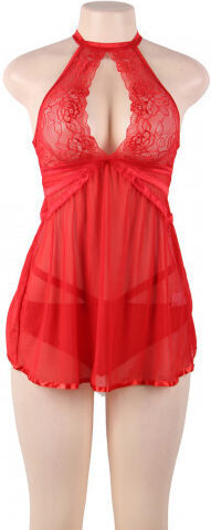 CyprusLoveShop Flyaway Chemise with Thong Σετ Sexy Babydoll με Δαντέλα & Διαφάνεια Hot Red