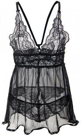 Subblime Plus Size Σετ Sexy Babydoll με Δαντέλα & Διαφάνεια Black