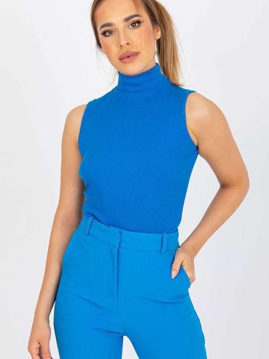 Rue Paris Damen Sommer Bluse Baumwolle Ärmellos Blau