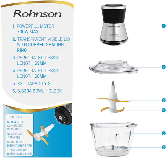 Rohnson Multi Chopper 700W with 2L Inox Bowl