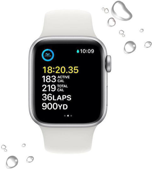 Apple Watch SE 2022 Aluminium 44mm Waterproof with Heart Rate Monitor (Silver with White Sport Band)