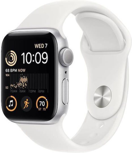 Apple Watch SE 2022 Aluminium 44mm Waterproof with Heart Rate Monitor (Silver with White Sport Band)