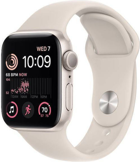 Apple Watch SE 2022 Aluminium 44mm Waterproof with Heart Rate Monitor (Starlight with Starlight Sport Band)