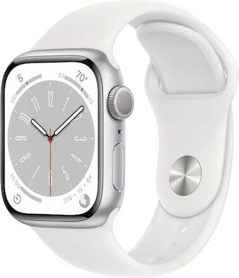 Apple Watch Series 8 Aluminium 41mm Αδιάβροχο με Παλμογράφο (Silver with White Sport Band)