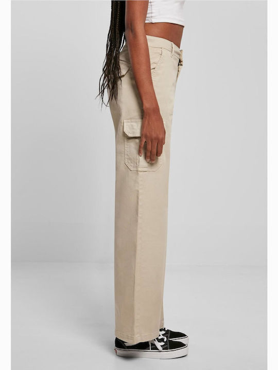Women's High-waisted Fabric Cargo Trousers Straight Line Beige