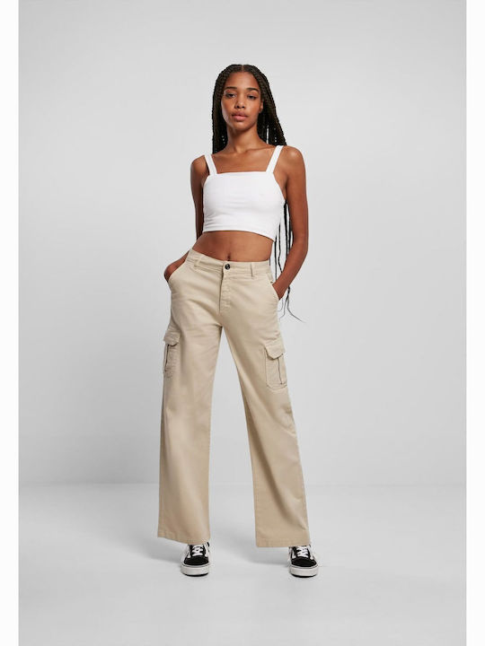 Women's High-waisted Fabric Cargo Trousers Straight Line Beige