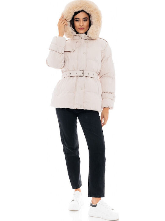 Women's Short Puffer Jacket for Winter with Hood Beige