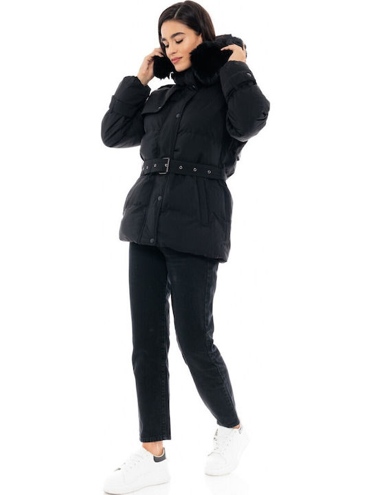 Women's Short Puffer Jacket for Winter with Hood Black