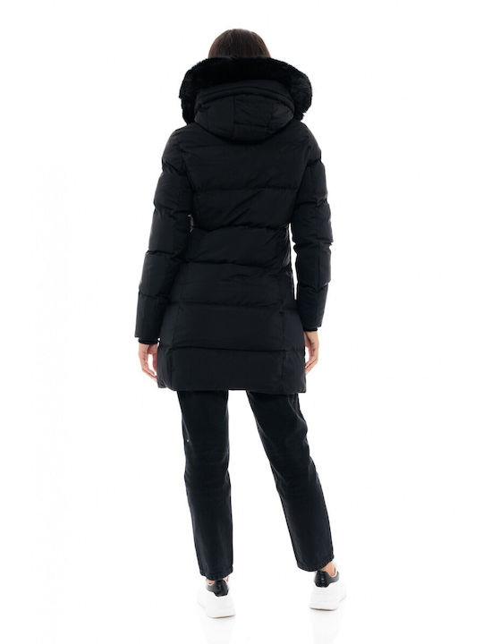 Biston Women's Long Puffer Jacket for Winter with Detachable Hood Black