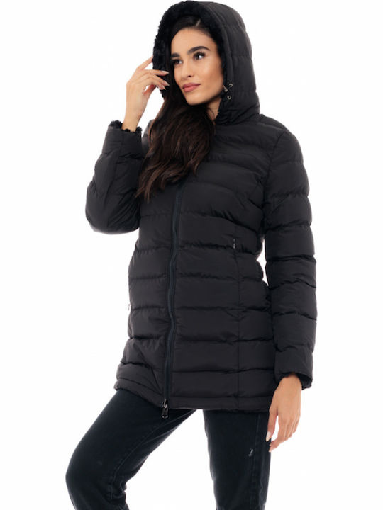 Women's Long Puffer Jacket Double Sided for Winter with Hood Black