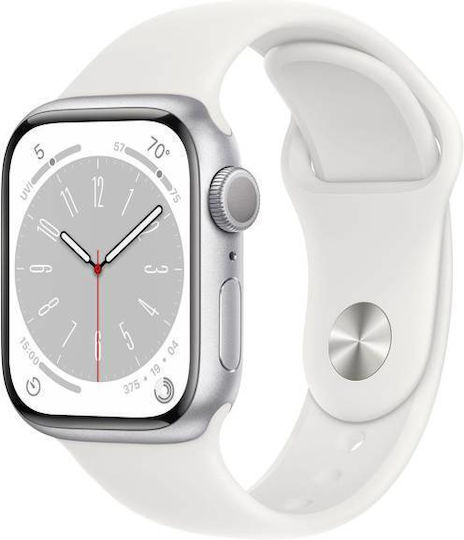 Apple Watch Series 8 Aluminium 45mm Waterproof with Heart Rate Monitor (Silver with White Sport Band)