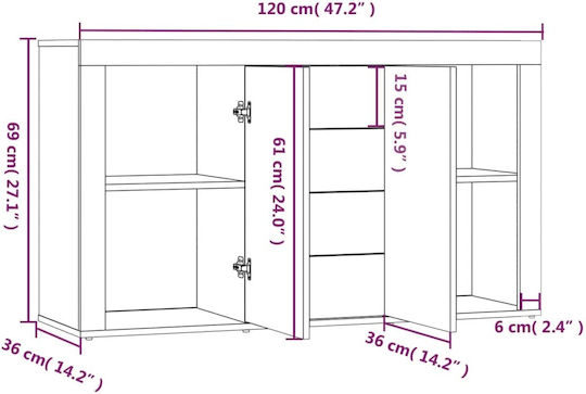Sideboard Wooden with Drawers Smoky Oak 120x36x69cm