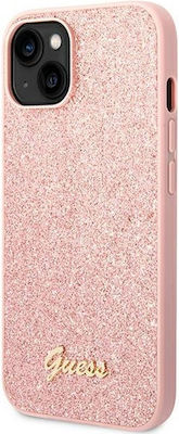 Guess Glitter Flakes Script Metal Logo Silicone Back Cover Pink (iPhone 14 Plus)