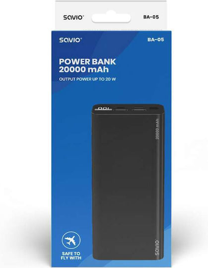 Savio BA-05 Power Bank 20000mAh with 2 USB-A Ports and USB-C Port Power Delivery Black