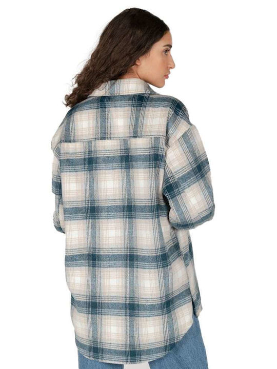 24 Colours Women's Checked Midi Overshirt with Buttons Blue