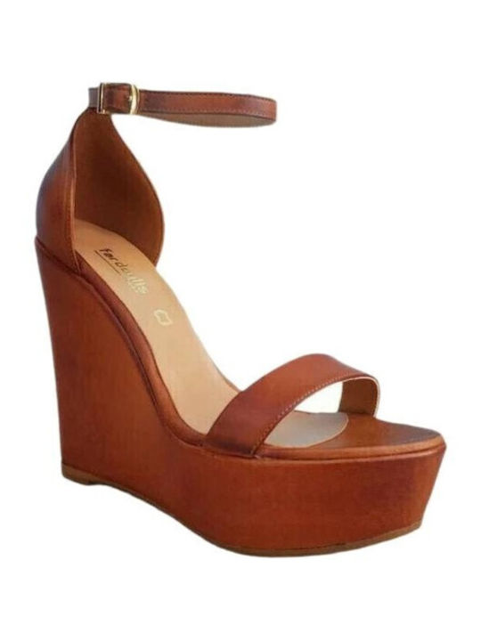 Women's Leather Ankle Strap Platforms Tabac Brown