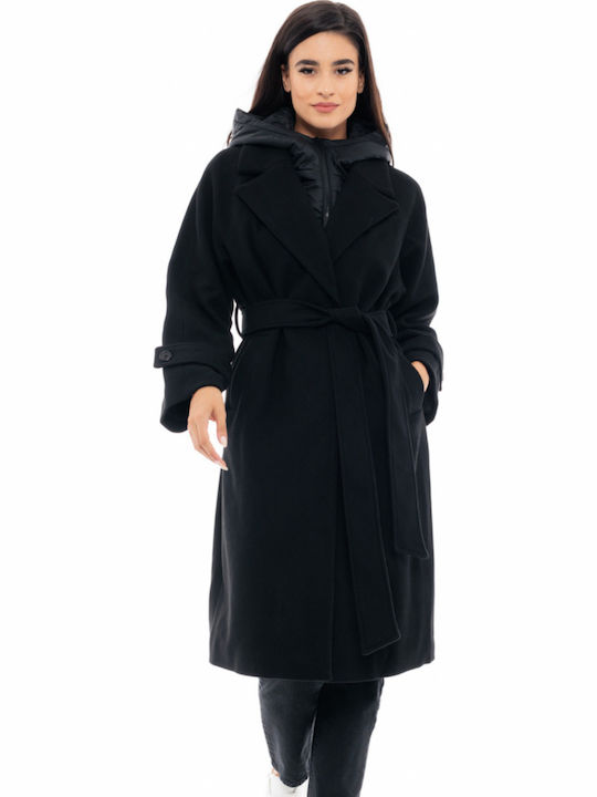 Damen Schwarz Mantel Oversized mit Kapuze