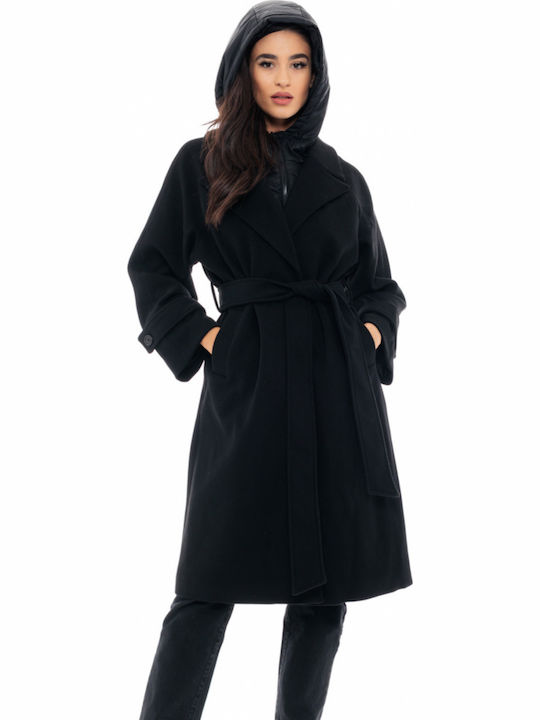 Damen Schwarz Mantel Oversized mit Kapuze