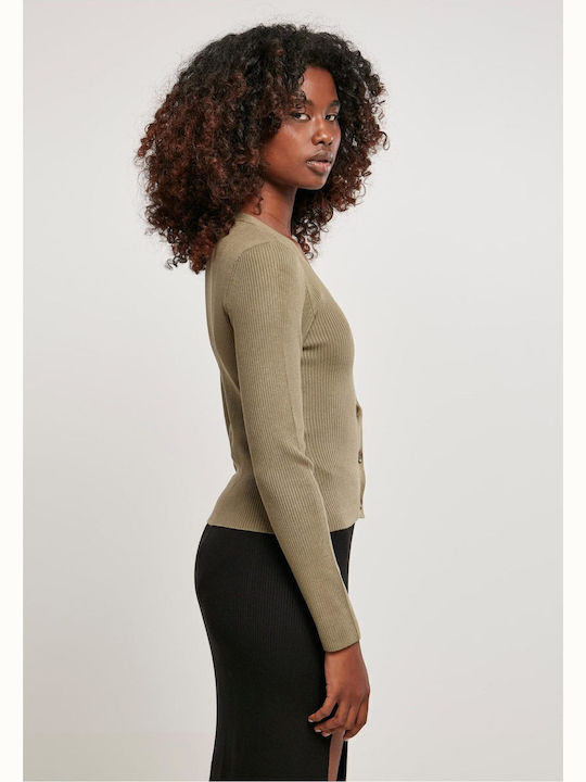 Short Women's Knitted Cardigan with Buttons Khaki